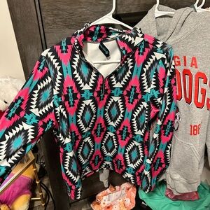 Colorful Aztec Print Hoodie Jacket - Black Pink Teal